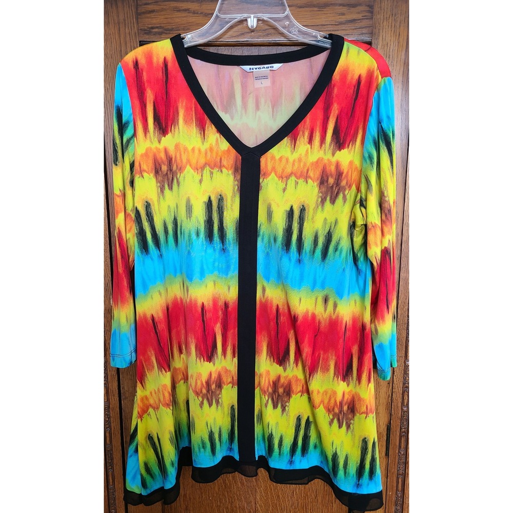 Nygard Womens Large V-Neck Tunic Top Tie Dye 3/4 Sleeve Multi-Color 53B1J5642